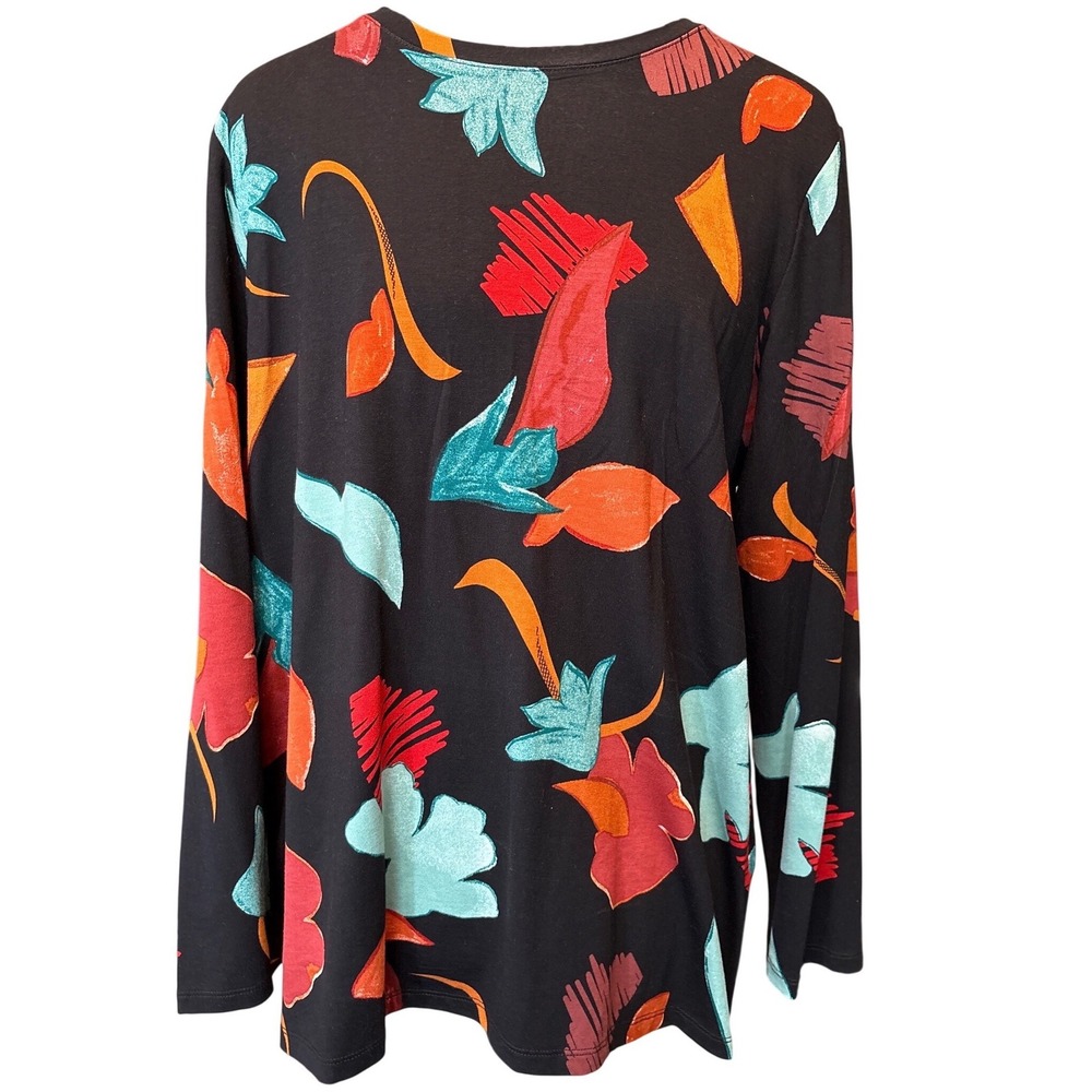 Chicos Size 3 XL Abstract Floral Long Sleeve Knit Top Black Turquoise Orange Art